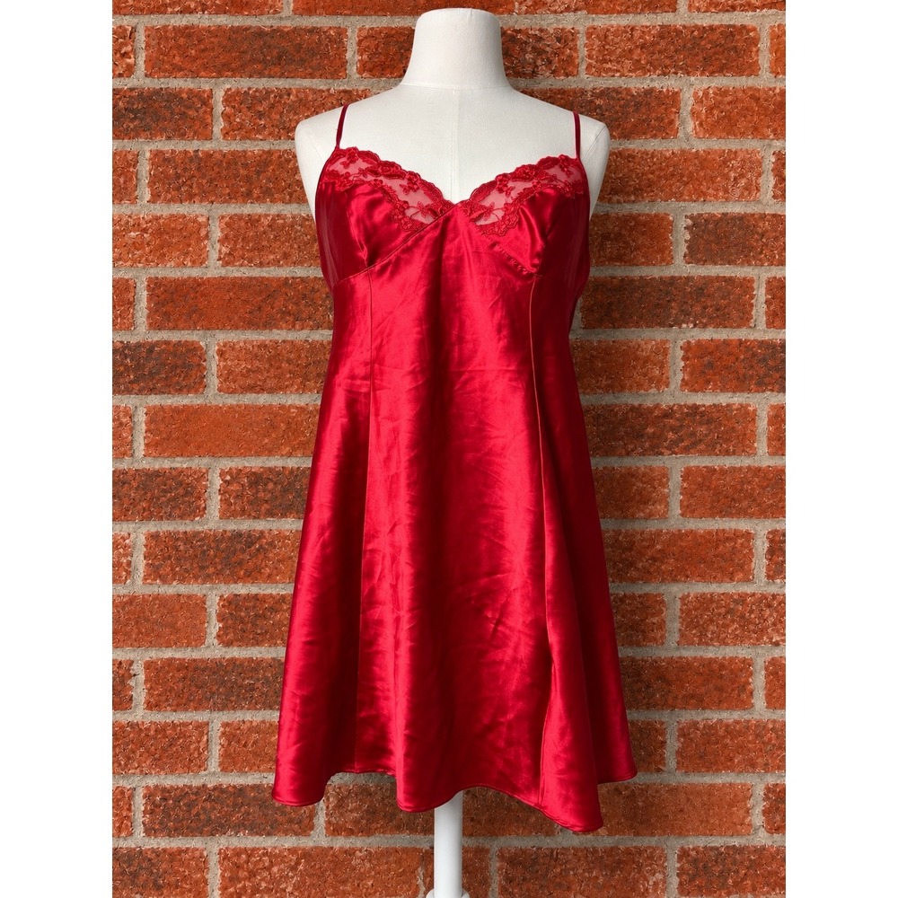 Y2K VTG 2001 Victoria's Secret Red Satin Lace Trim Mini Slip Dress M Coquette